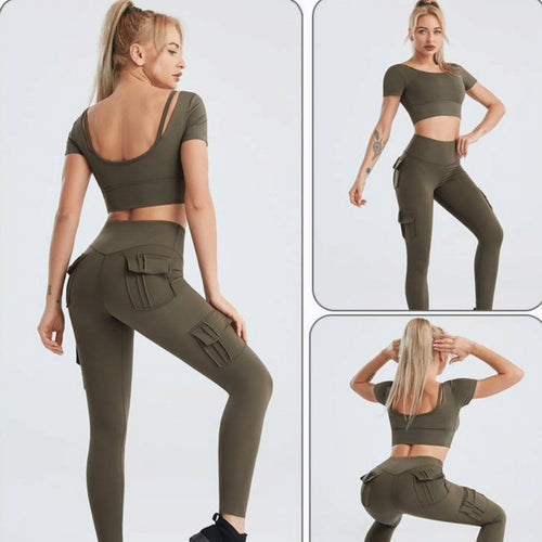 A woman models the Sgt Crop Top in olive green as part of a matching activewear set with cargo-pocket leggings and structured compression, shown from the front, back, and side against a plain light background.